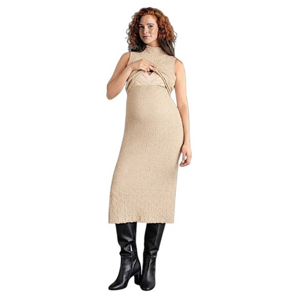Seraphine Textured Bodycon Dress 8 Sand Nursing Maternity Midi Mock Neck NEW